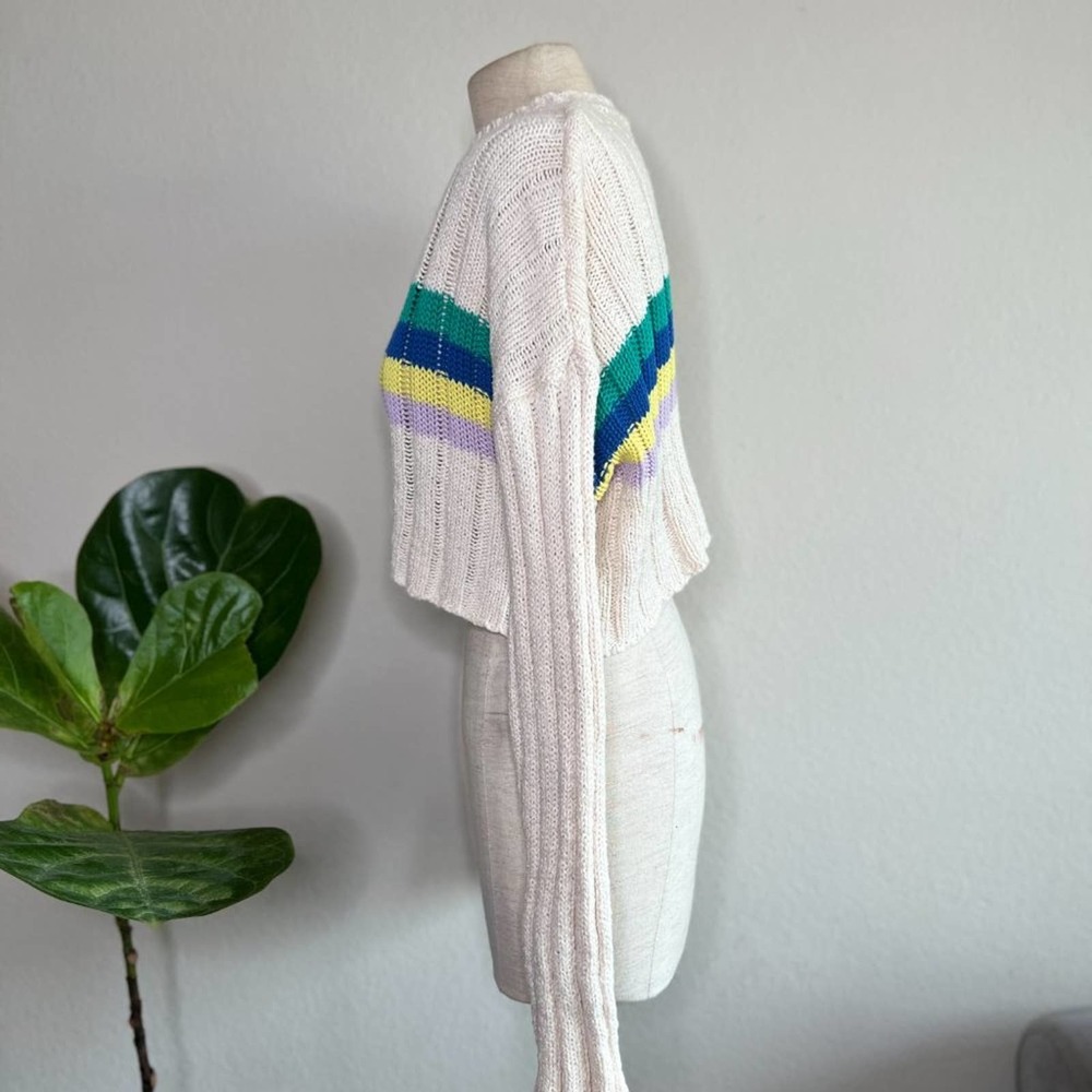 Crop Knit Sweater Pullover Striped Drop Shoulder Long Sleeve - Picture 5 of 9